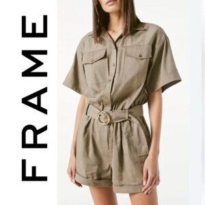 FRAME Denim Arie Utility Romper Belted Gold Ring Linen Khaki size medium